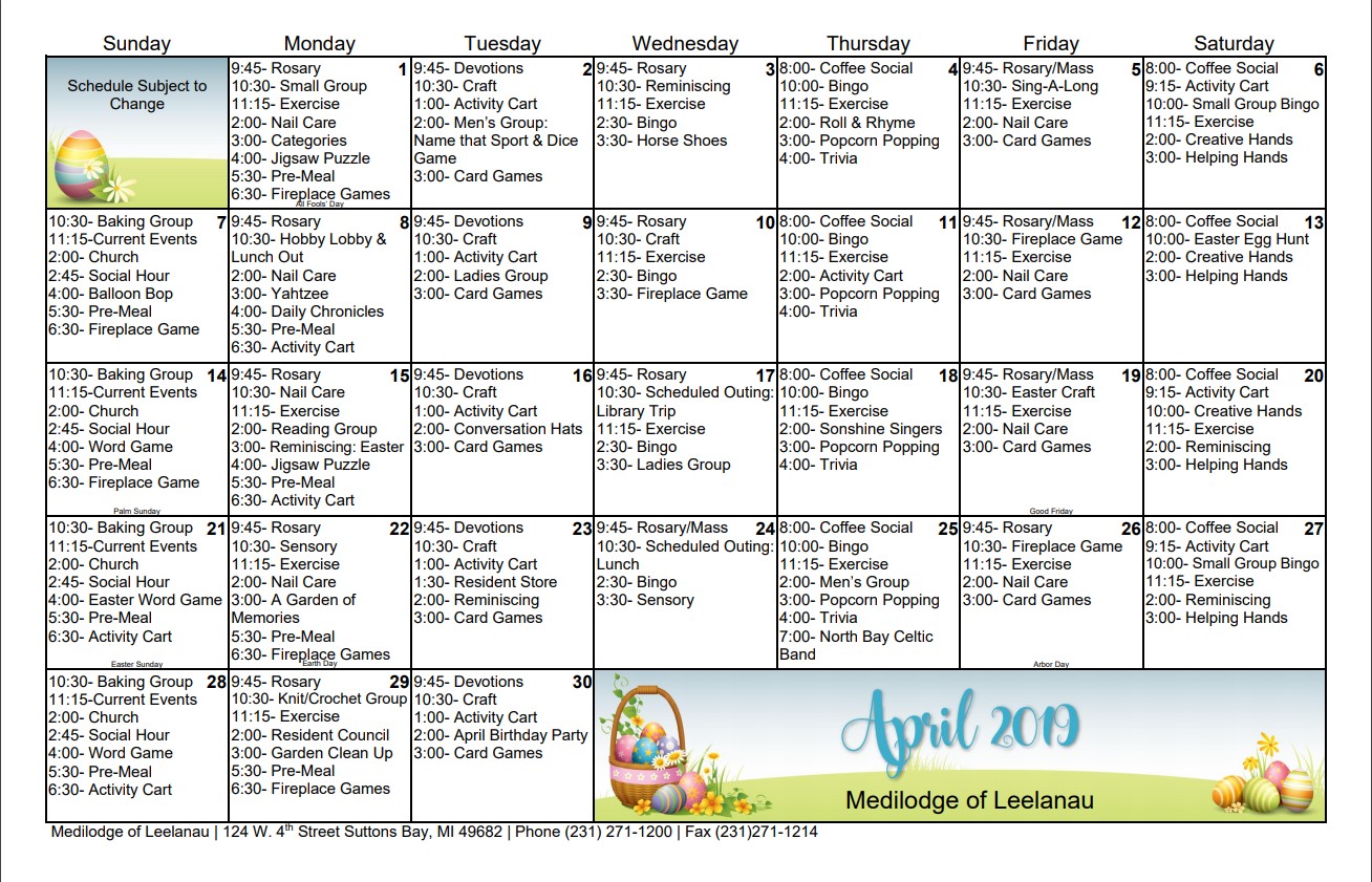 MediLodge of Leelanau April Events Calendar